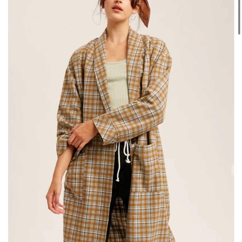 Plaid Tan and White Kimono Cardigan